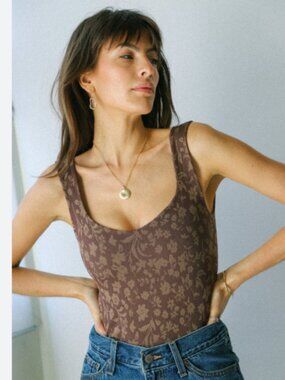 NWT Intimately FP Printed Floral Clean Lines Thick Bodysuit Chocolate Brown M/L